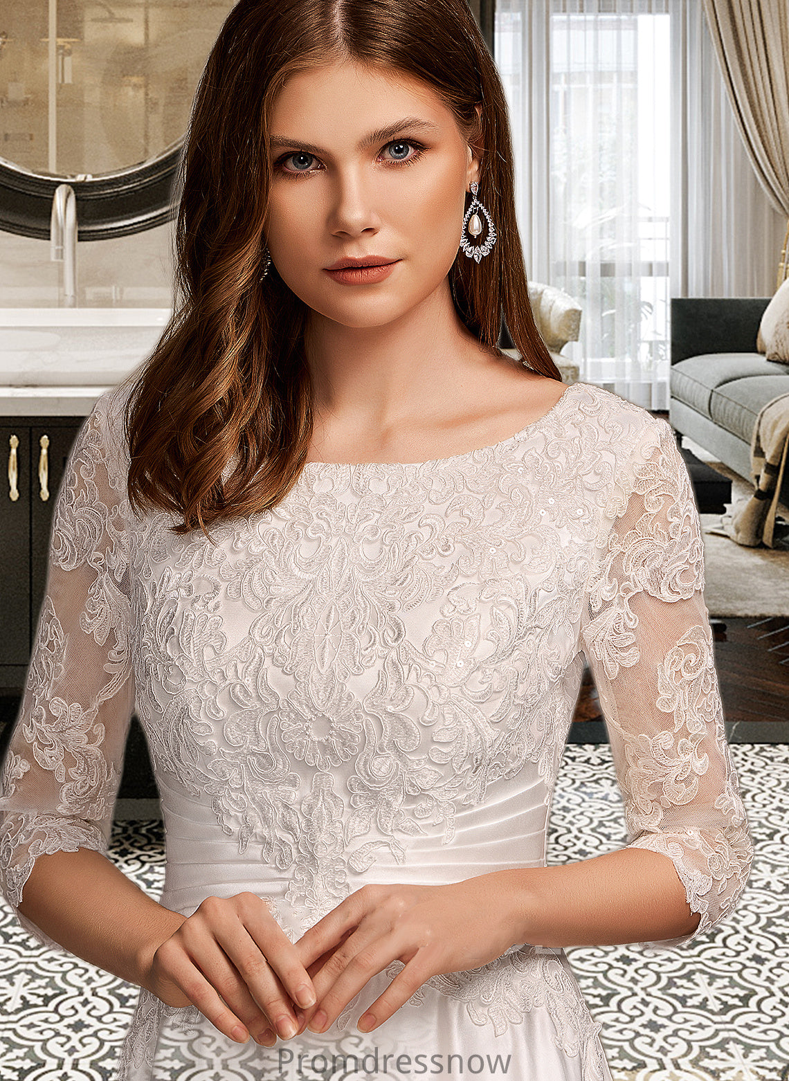 Azaria A-Line Scoop Neck Tea-Length Wedding Dress With Pockets HPP0013723