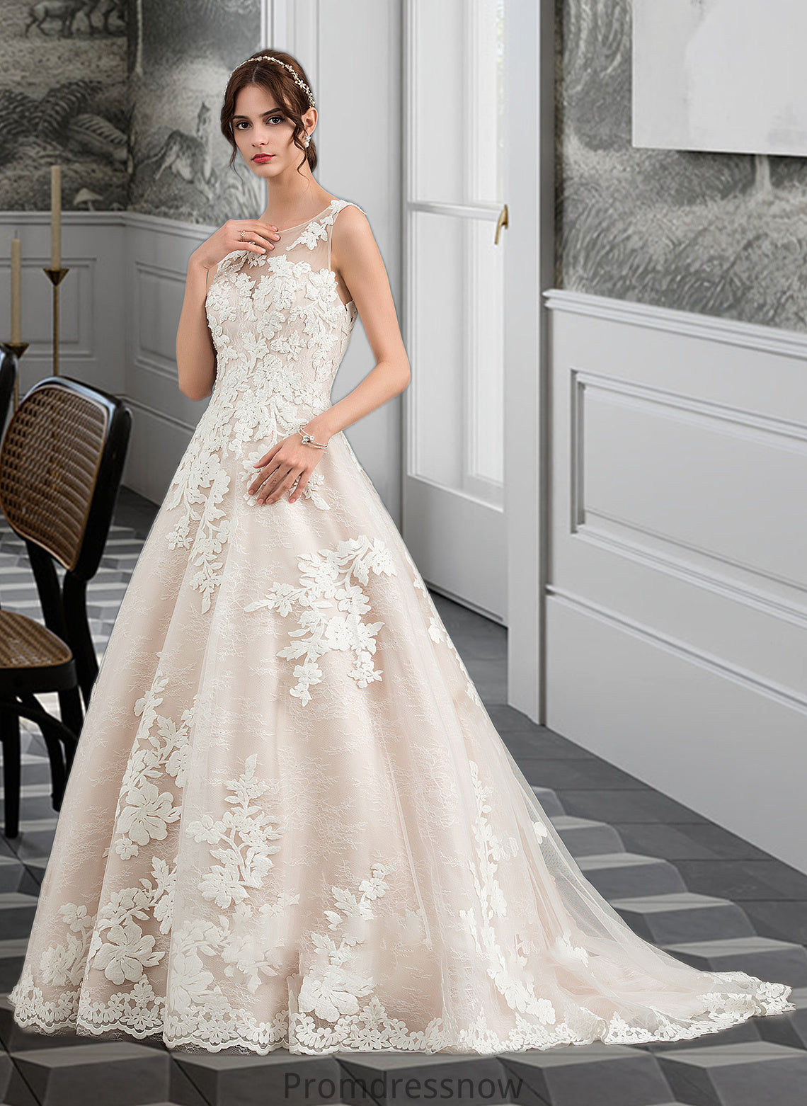 Zariah Ball-Gown/Princess Illusion Court Train Tulle Wedding Dress With Beading Sequins HPP0013724