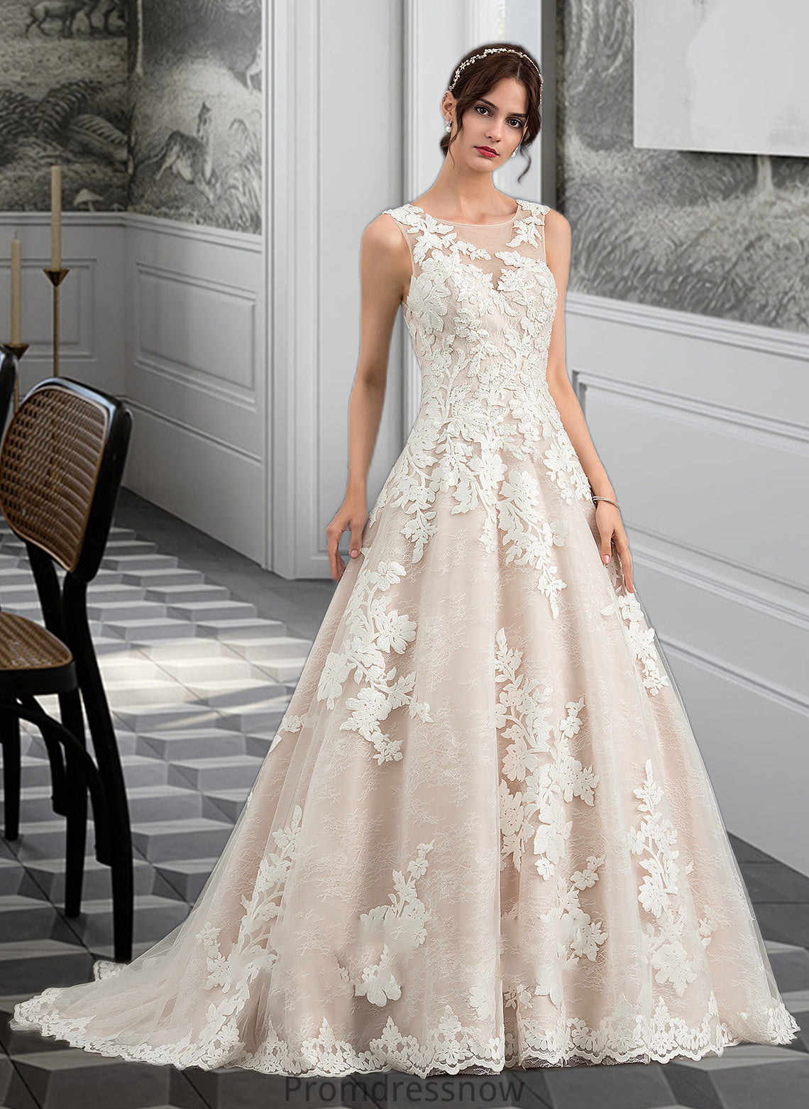 Zariah Ball-Gown/Princess Illusion Court Train Tulle Wedding Dress With Beading Sequins HPP0013724