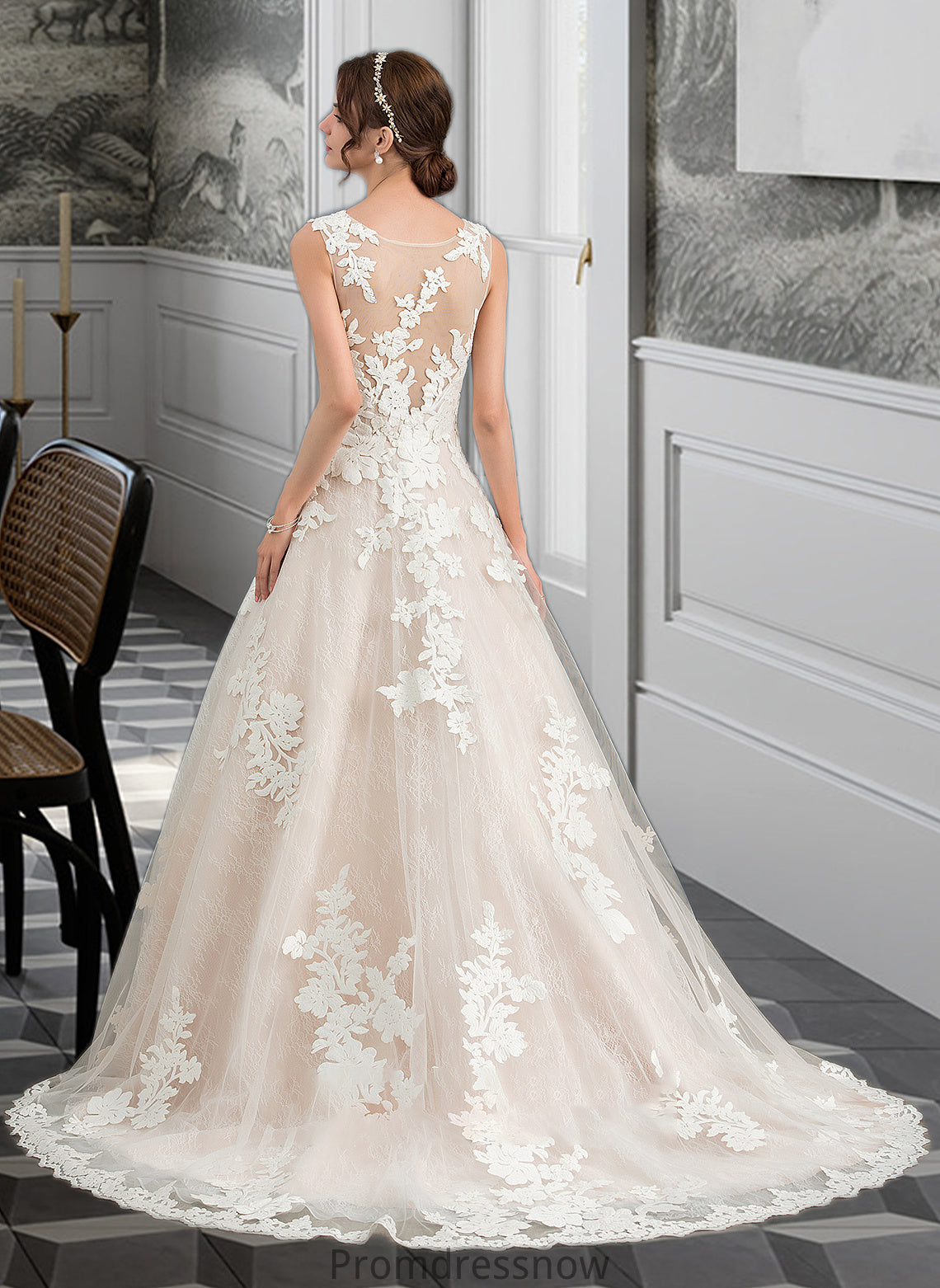 Zariah Ball-Gown/Princess Illusion Court Train Tulle Wedding Dress With Beading Sequins HPP0013724