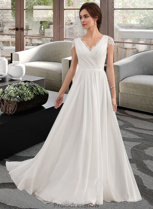 Natalia A-Line V-neck Floor-Length Chiffon Lace Wedding Dress With Ruffle HPP0013729