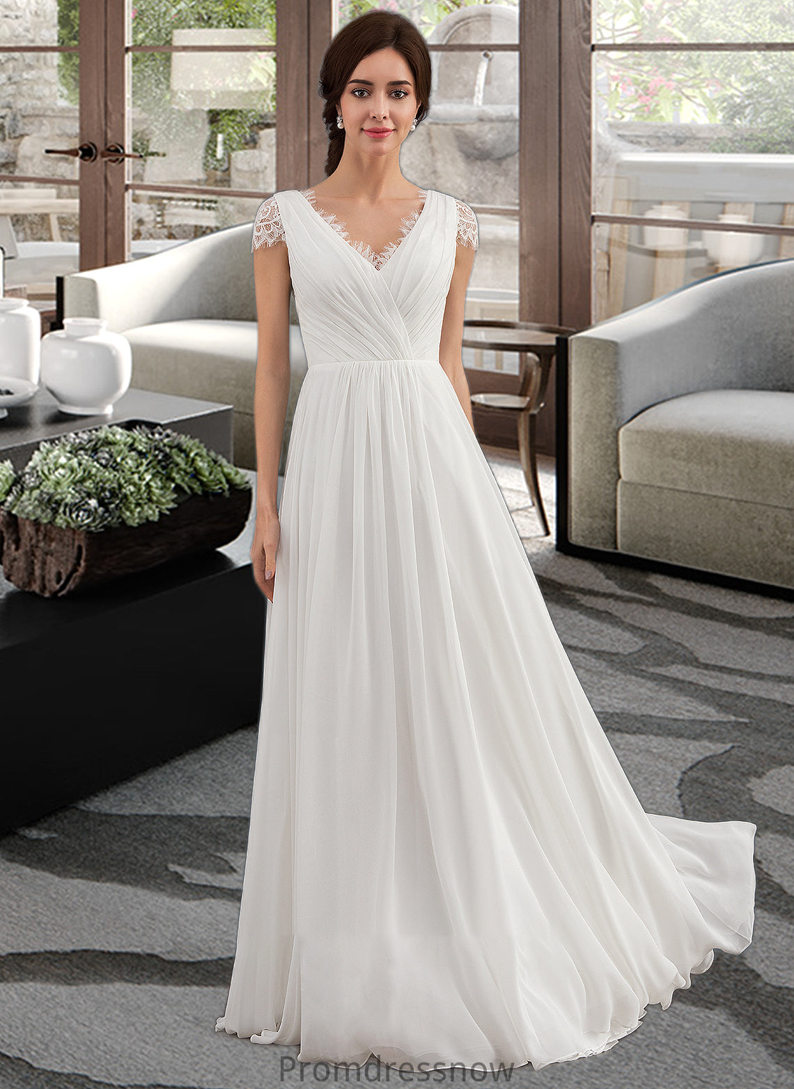 Natalia A-Line V-neck Floor-Length Chiffon Lace Wedding Dress With Ruffle HPP0013729