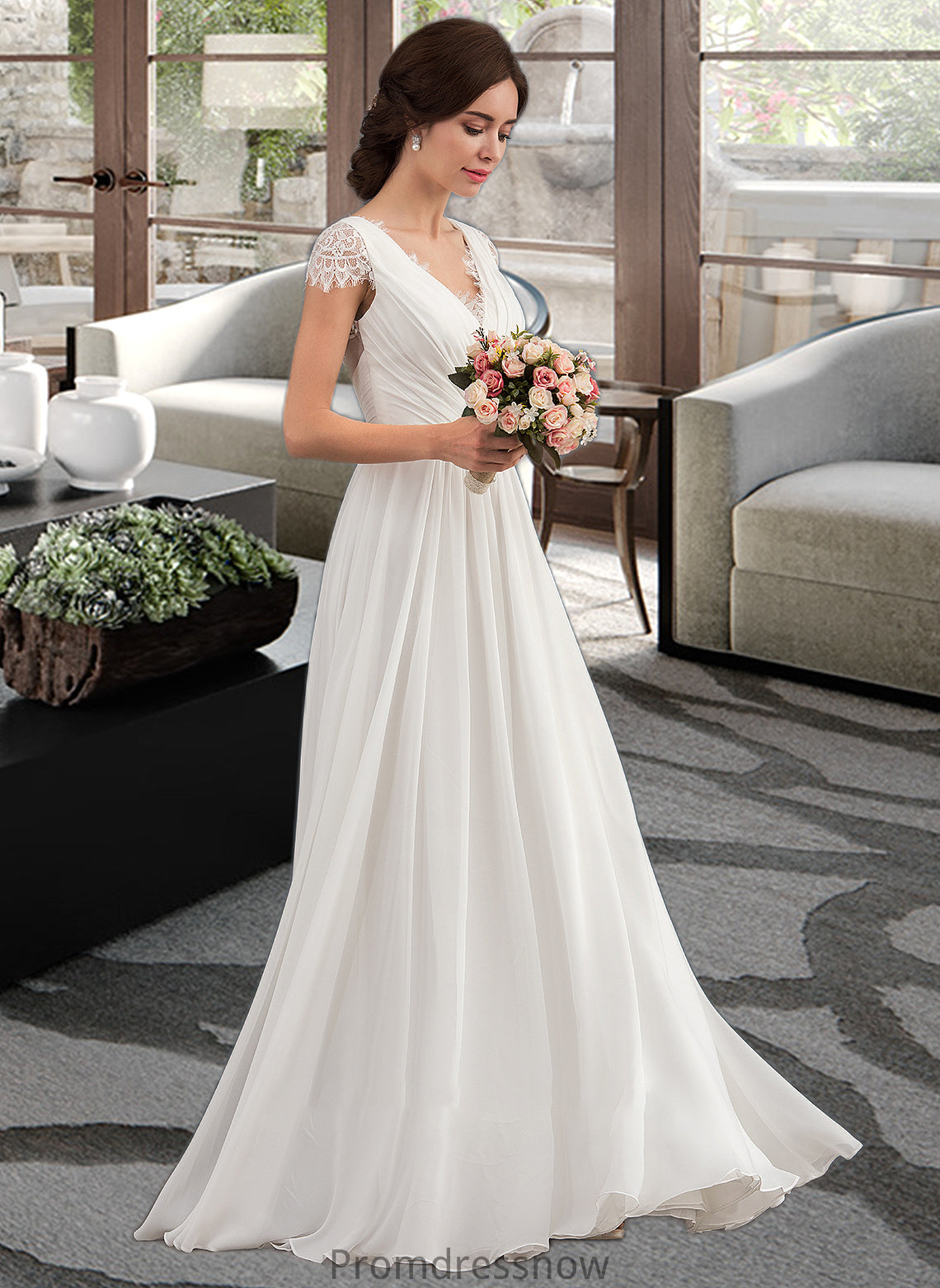 Natalia A-Line V-neck Floor-Length Chiffon Lace Wedding Dress With Ruffle HPP0013729