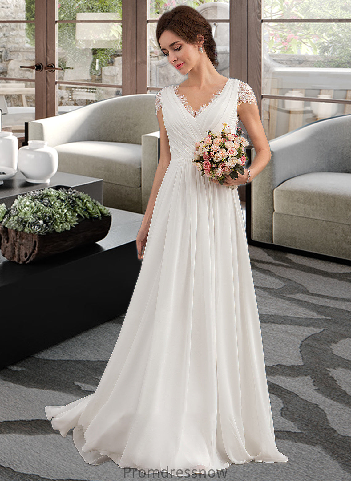 Natalia A-Line V-neck Floor-Length Chiffon Lace Wedding Dress With Ruffle HPP0013729