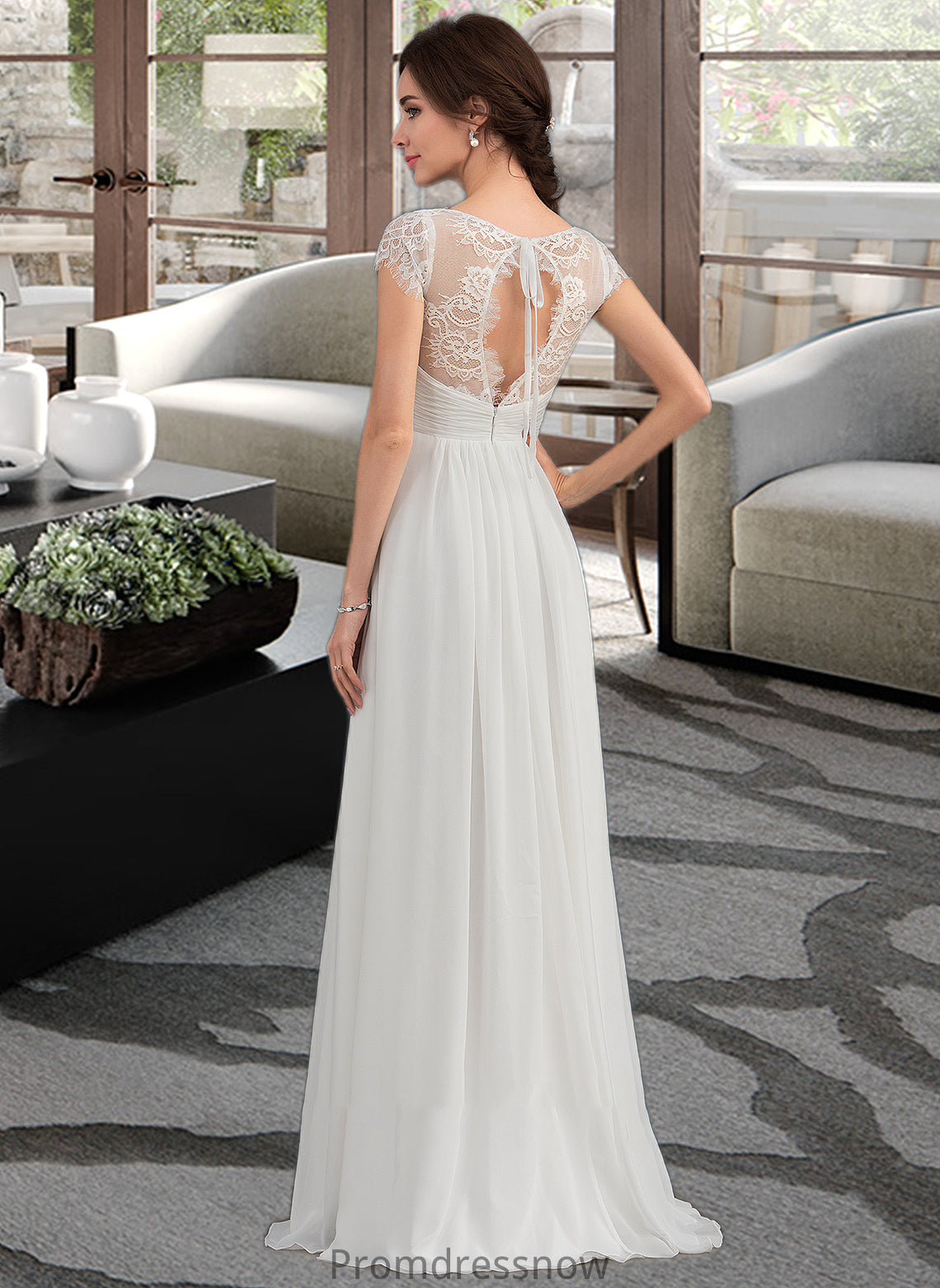 Natalia A-Line V-neck Floor-Length Chiffon Lace Wedding Dress With Ruffle HPP0013729