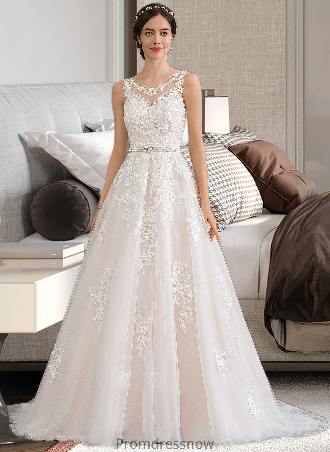 Stacy Ball-Gown/Princess Scoop Neck Court Train Tulle Wedding Dress With Beading Sequins HPP0013730