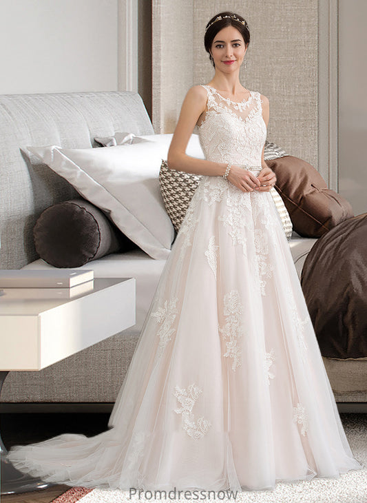 Stacy Ball-Gown/Princess Scoop Neck Court Train Tulle Wedding Dress With Beading Sequins HPP0013730