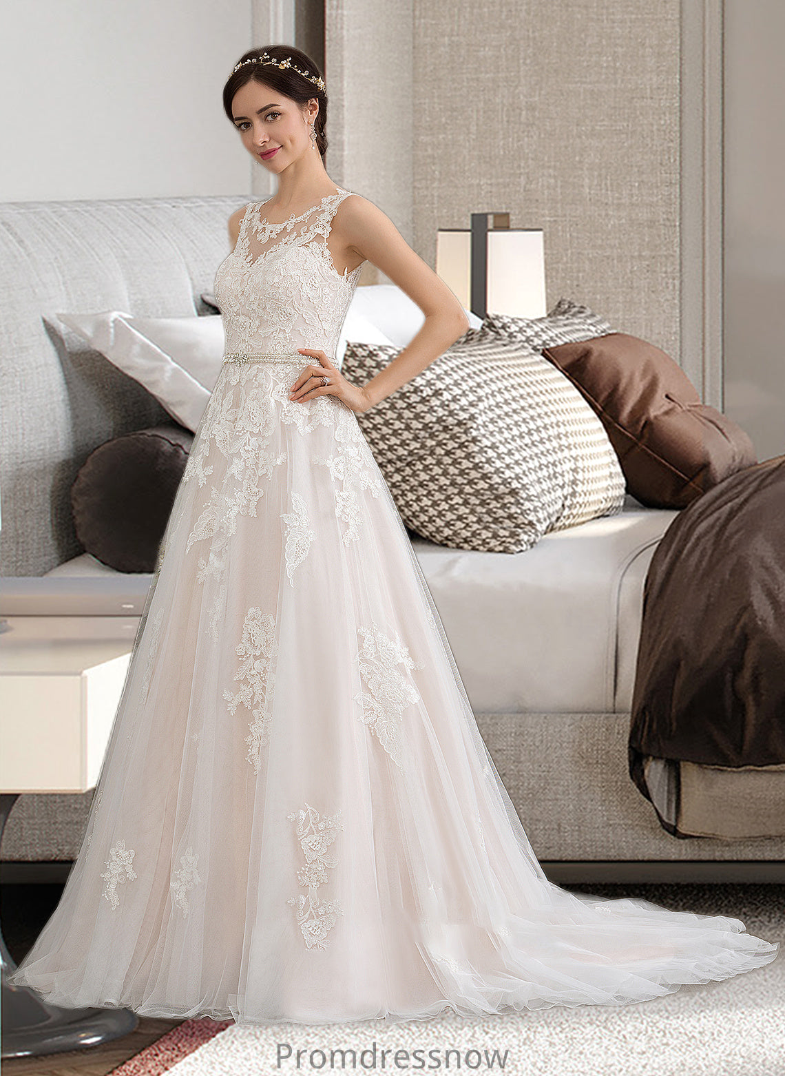 Stacy Ball-Gown/Princess Scoop Neck Court Train Tulle Wedding Dress With Beading Sequins HPP0013730