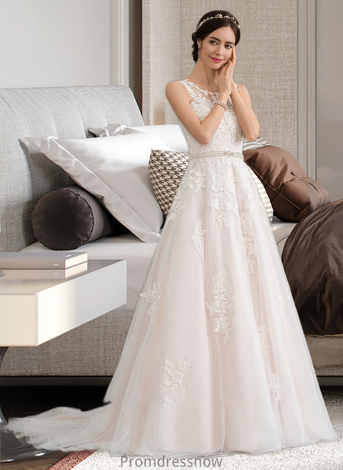 Stacy Ball-Gown/Princess Scoop Neck Court Train Tulle Wedding Dress With Beading Sequins HPP0013730