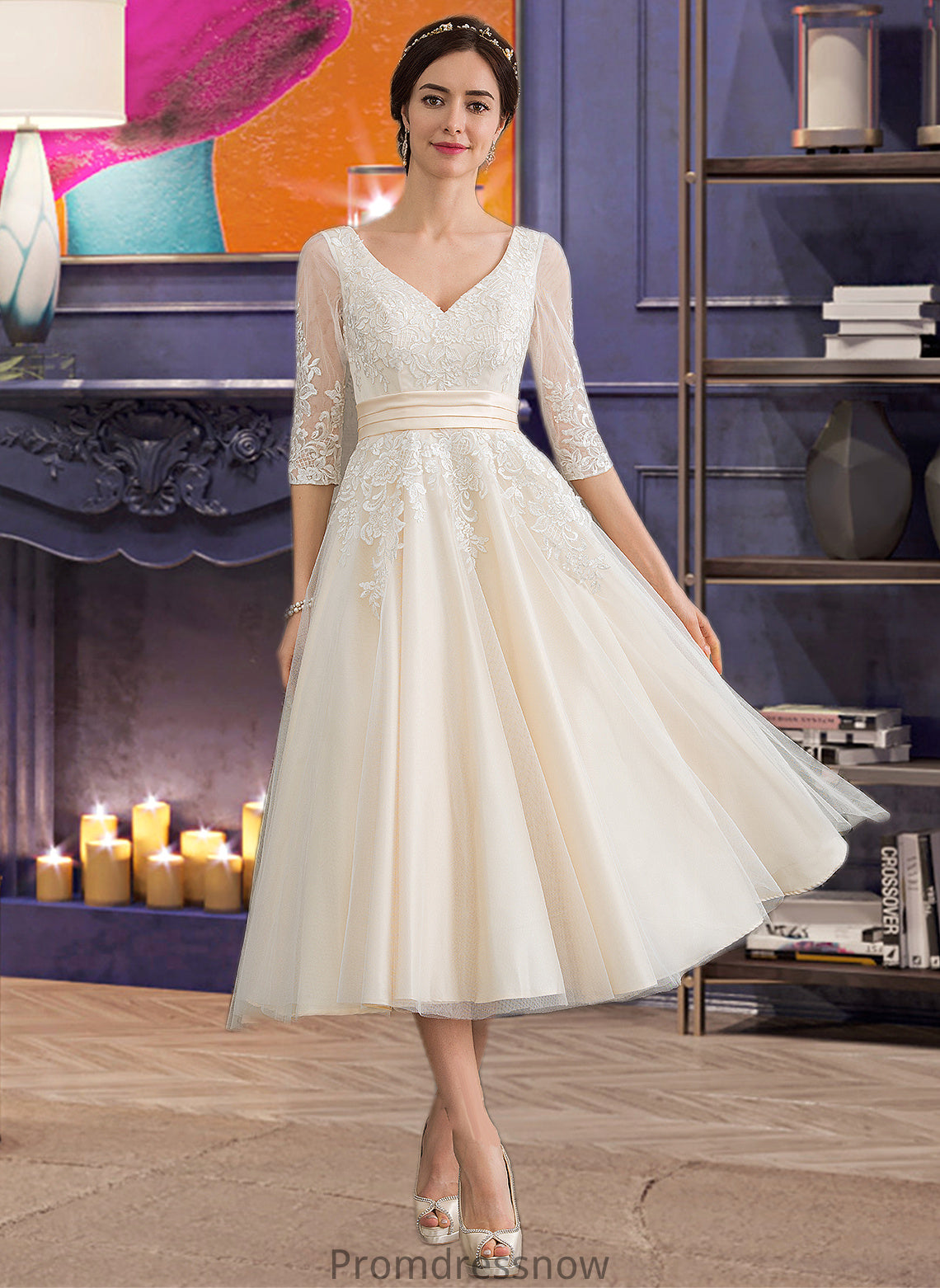 Aaliyah Ball-Gown/Princess V-neck Tea-Length Tulle Wedding Dress HPP0013731