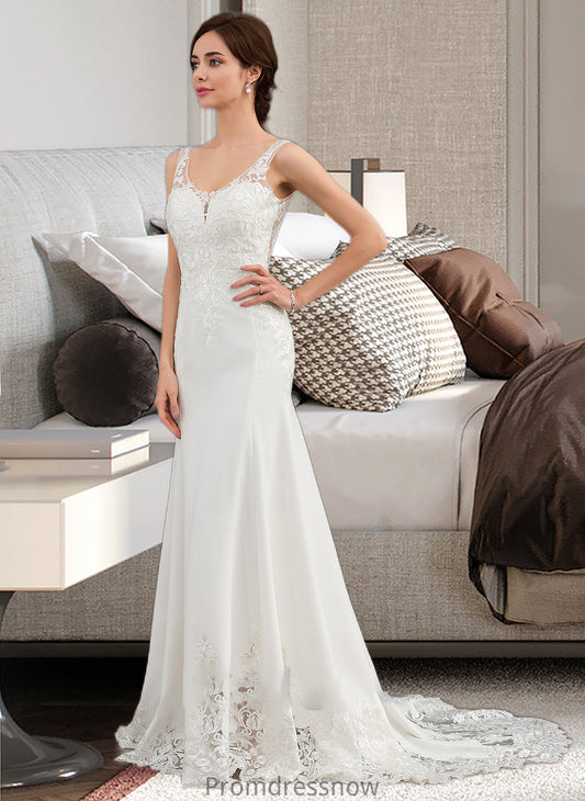 Hannah Trumpet/Mermaid V-neck Court Train Lace Stretch Crepe Wedding Dress With Sequins HPP0013738