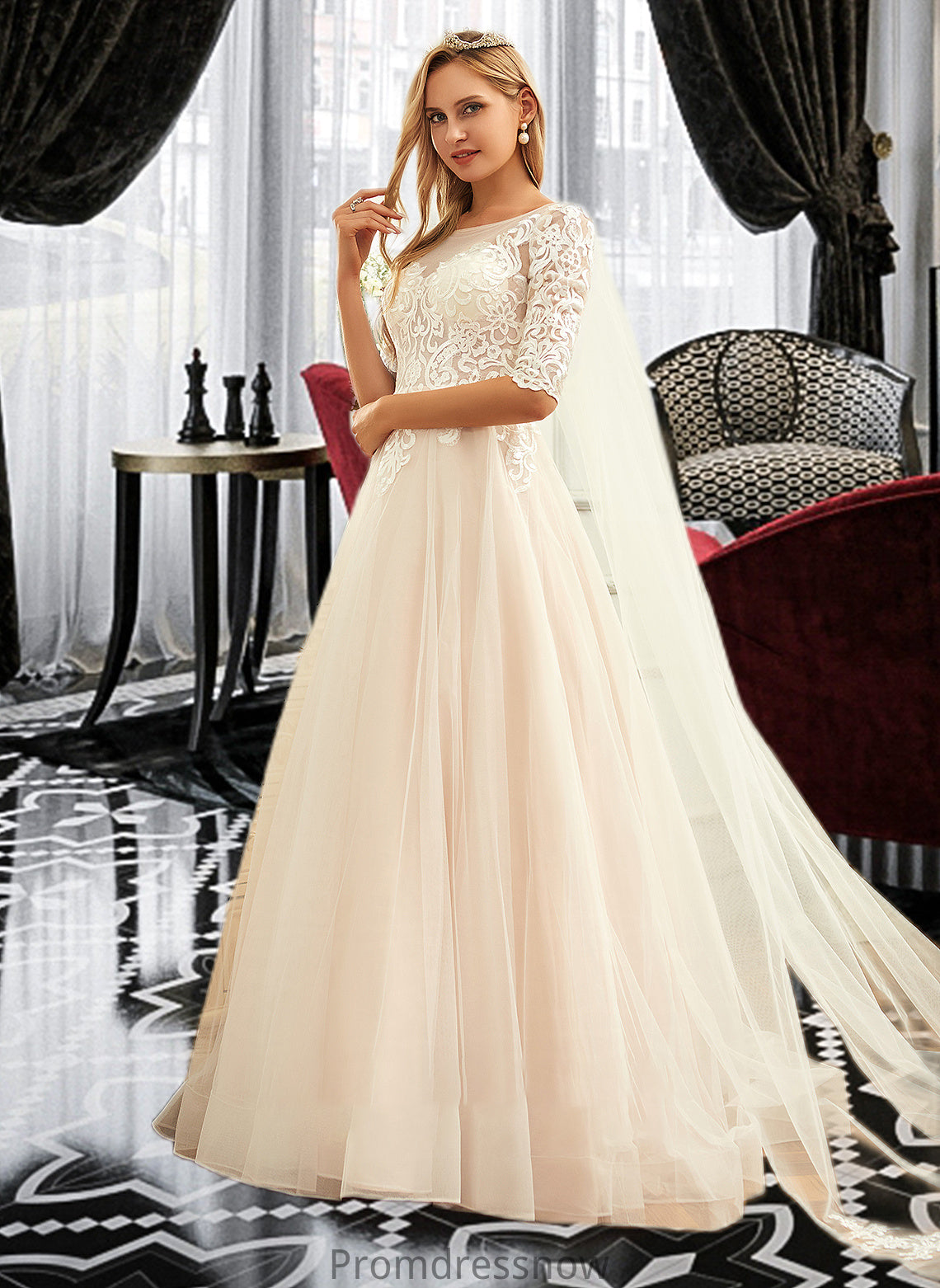 Dominique Ball-Gown/Princess Scoop Neck Sweep Train Tulle Lace Wedding Dress HPP0013760