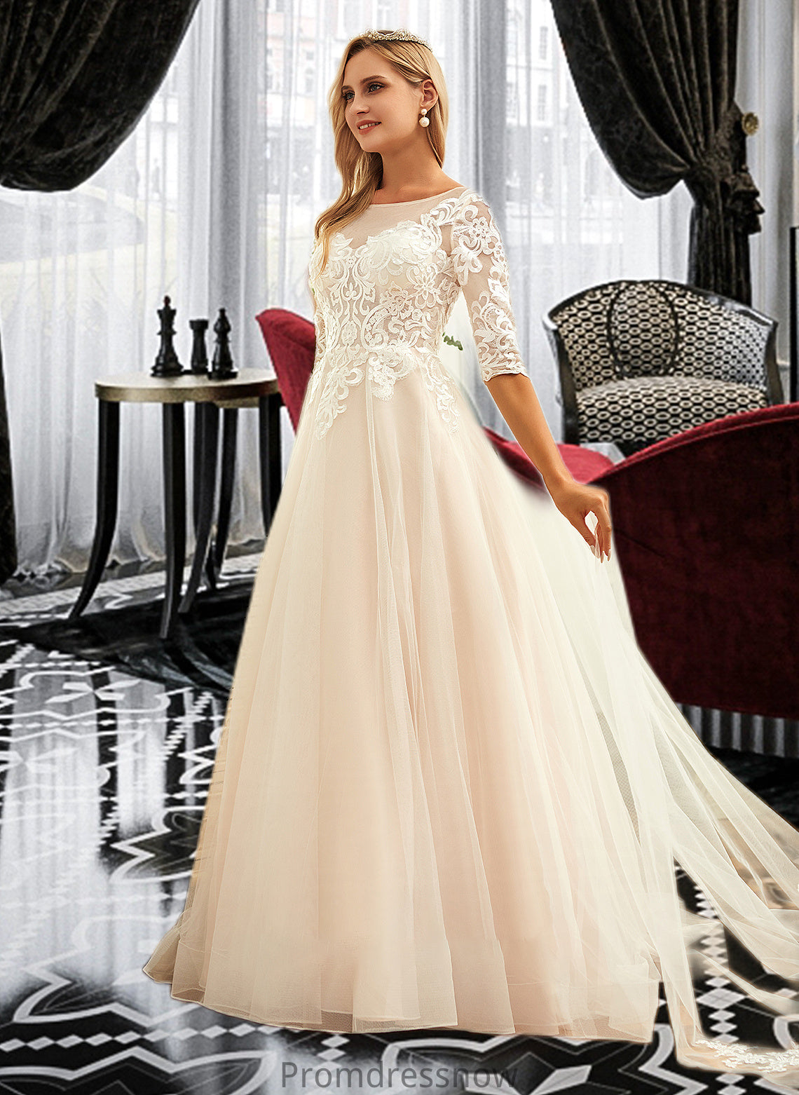 Dominique Ball-Gown/Princess Scoop Neck Sweep Train Tulle Lace Wedding Dress HPP0013760