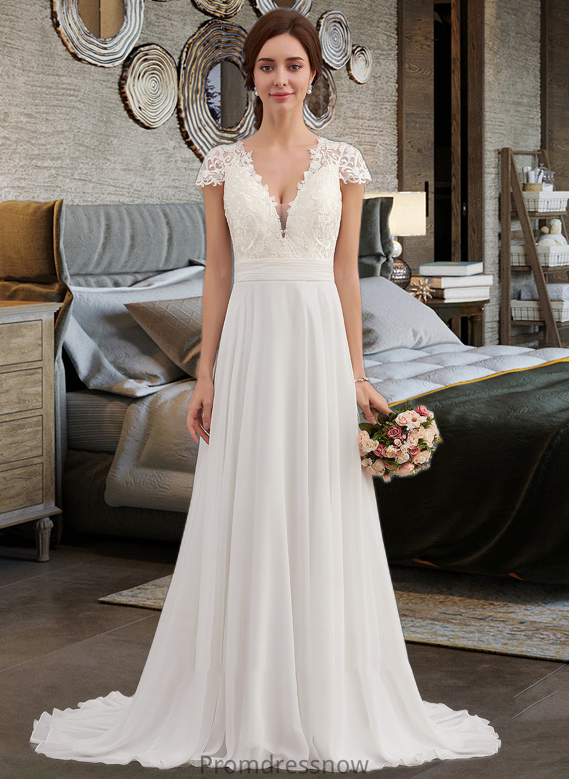 Elaina A-Line V-neck Sweep Train Chiffon Wedding Dress With Ruffle HPP0013761