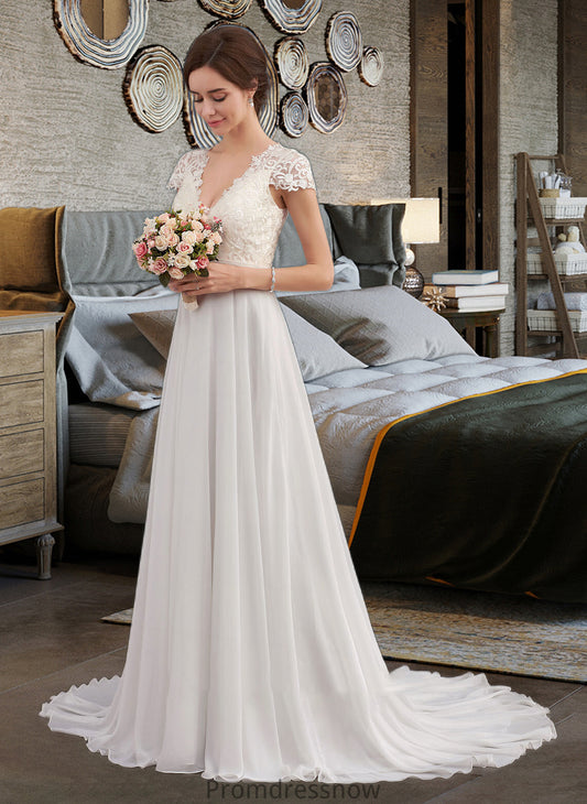 Elaina A-Line V-neck Sweep Train Chiffon Wedding Dress With Ruffle HPP0013761