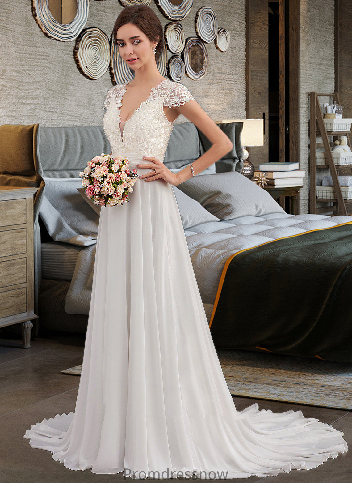 Elaina A-Line V-neck Sweep Train Chiffon Wedding Dress With Ruffle HPP0013761