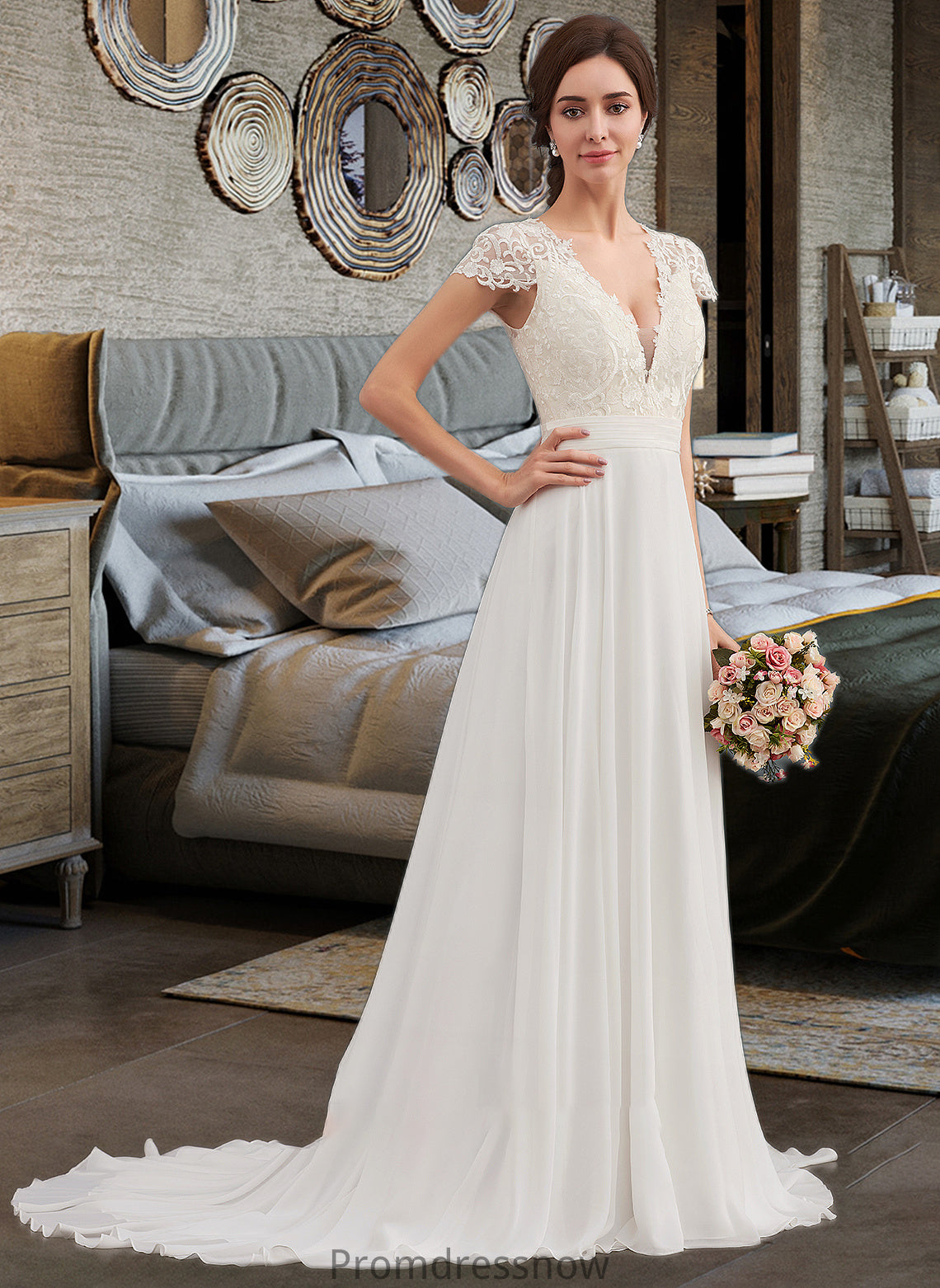 Elaina A-Line V-neck Sweep Train Chiffon Wedding Dress With Ruffle HPP0013761