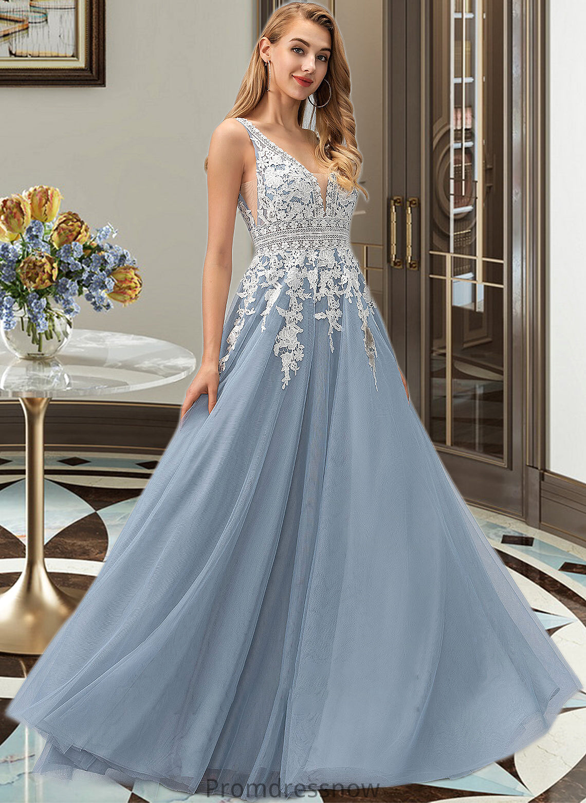 Phoebe Ball-Gown/Princess V-neck Floor-Length Tulle Wedding Dress With Lace HPP0013763