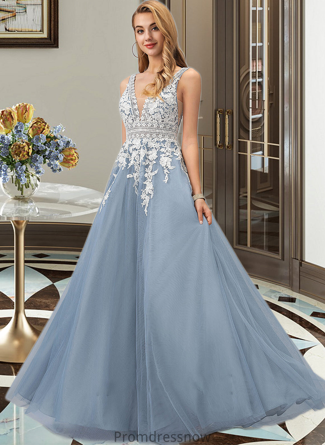 Phoebe Ball-Gown/Princess V-neck Floor-Length Tulle Wedding Dress With Lace HPP0013763