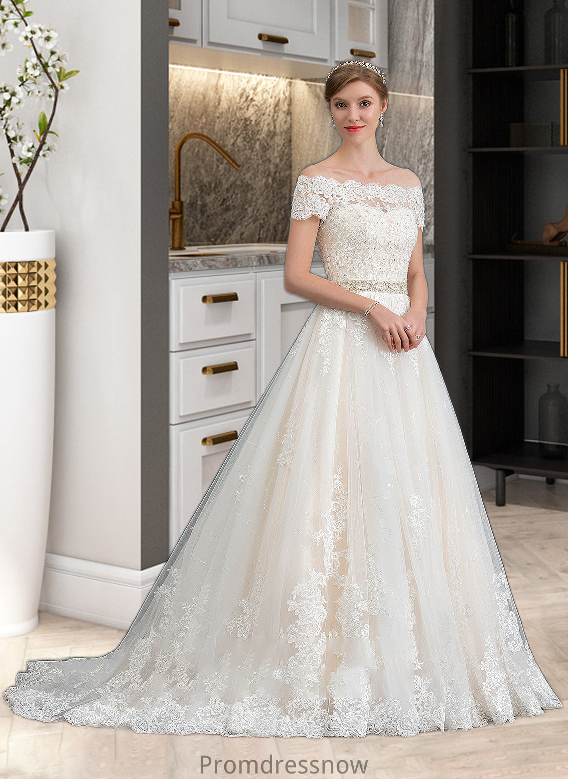 Evangeline Ball-Gown/Princess Court Train Tulle Wedding Dress With Beading Sequins HPP0013770