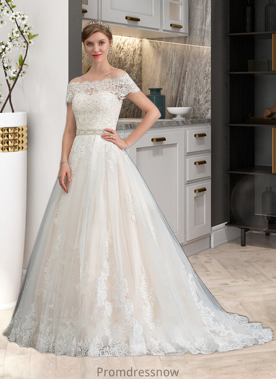 Evangeline Ball-Gown/Princess Court Train Tulle Wedding Dress With Beading Sequins HPP0013770