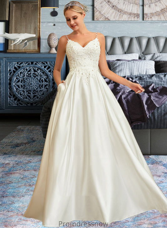 Marcie Ball-Gown/Princess V-neck Sweep Train Satin Lace Wedding Dress With Lace Beading Sequins Pockets HPP0013771