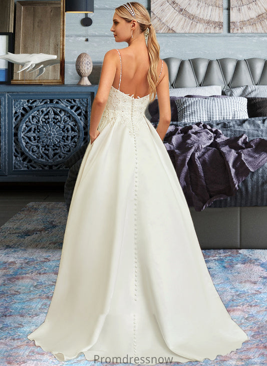 Marcie Ball-Gown/Princess V-neck Sweep Train Satin Lace Wedding Dress With Lace Beading Sequins Pockets HPP0013771