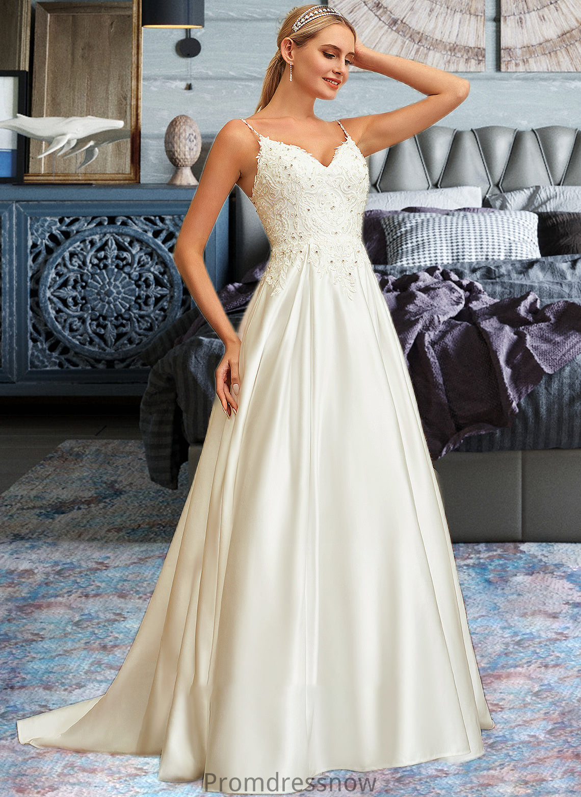 Marcie Ball-Gown/Princess V-neck Sweep Train Satin Lace Wedding Dress With Lace Beading Sequins Pockets HPP0013771