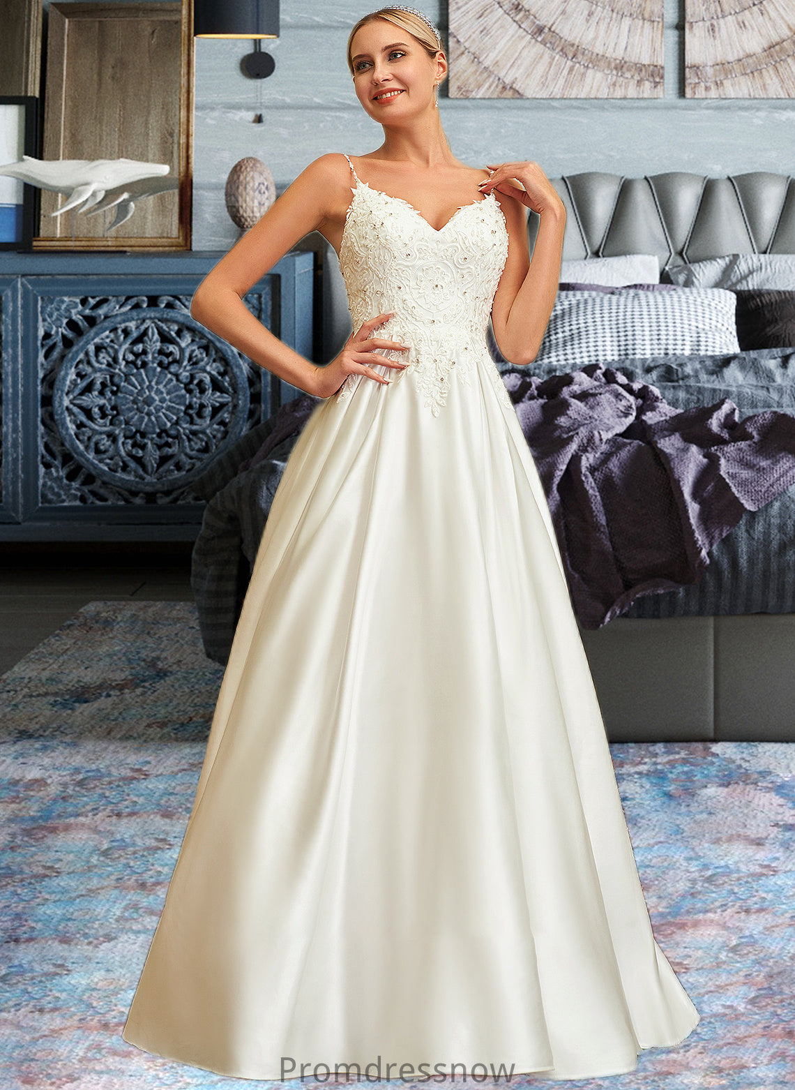 Marcie Ball-Gown/Princess V-neck Sweep Train Satin Lace Wedding Dress With Lace Beading Sequins Pockets HPP0013771