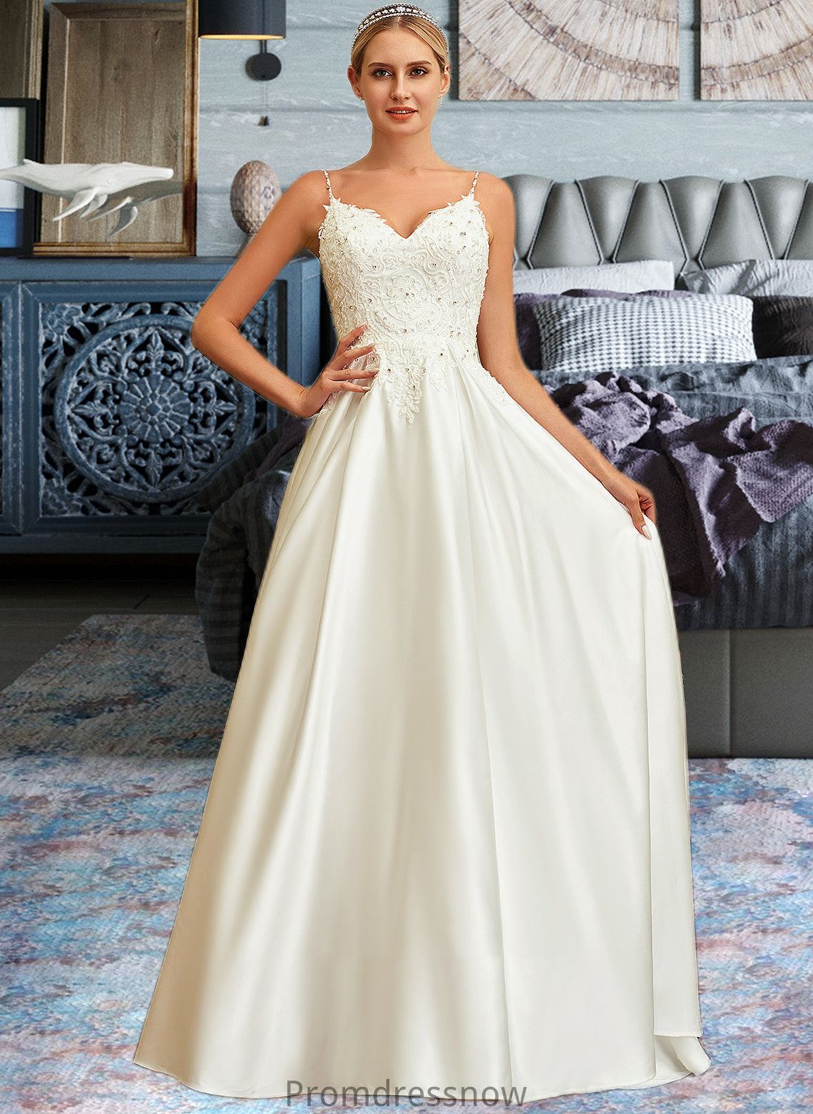 Marcie Ball-Gown/Princess V-neck Sweep Train Satin Lace Wedding Dress With Lace Beading Sequins Pockets HPP0013771