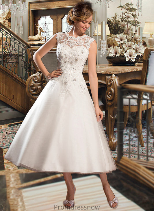 June Ball-Gown/Princess Scoop Neck Tea-Length Tulle Lace Wedding Dress With Beading Sequins HPP0013773