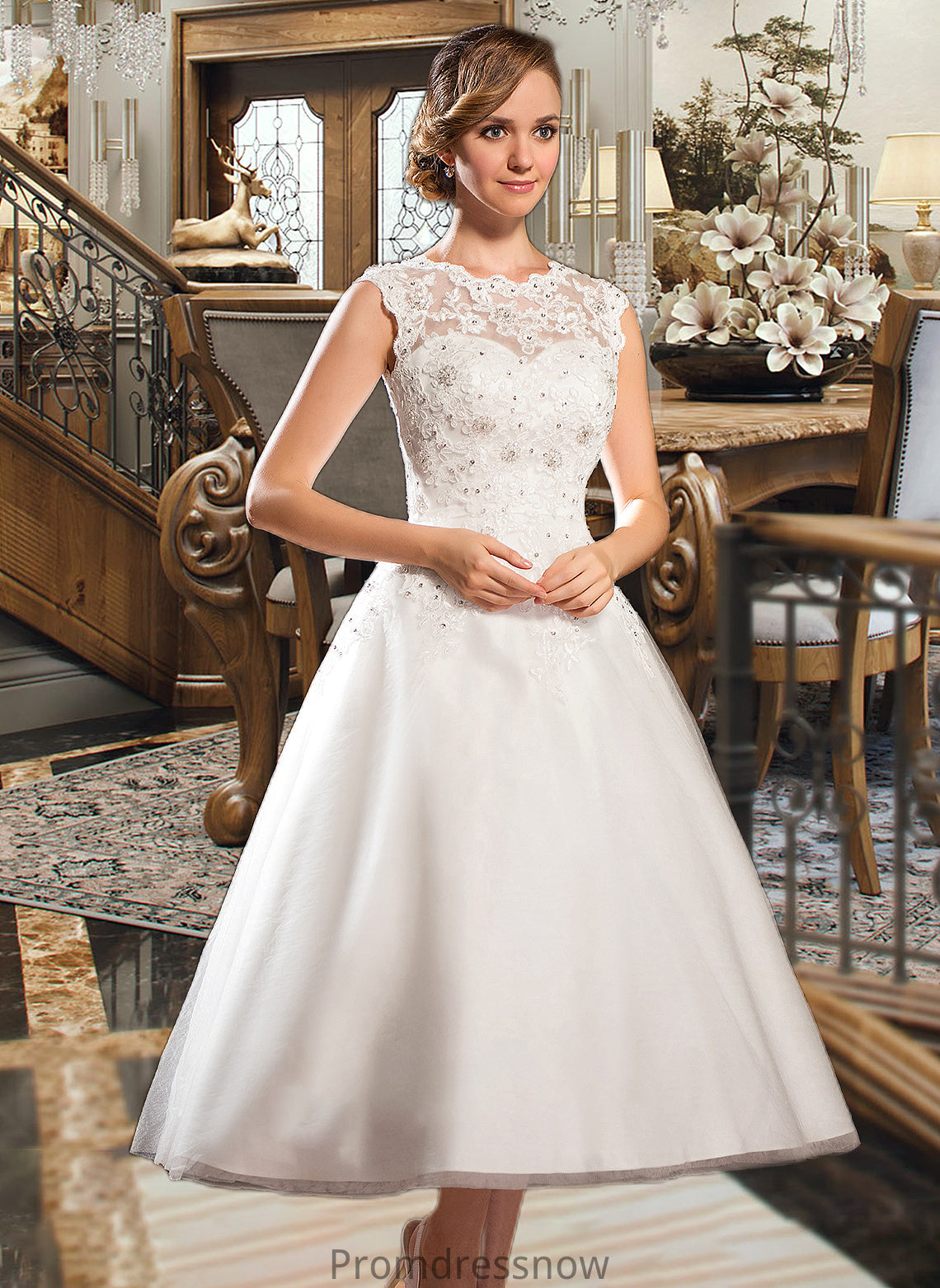 June Ball-Gown/Princess Scoop Neck Tea-Length Tulle Lace Wedding Dress With Beading Sequins HPP0013773