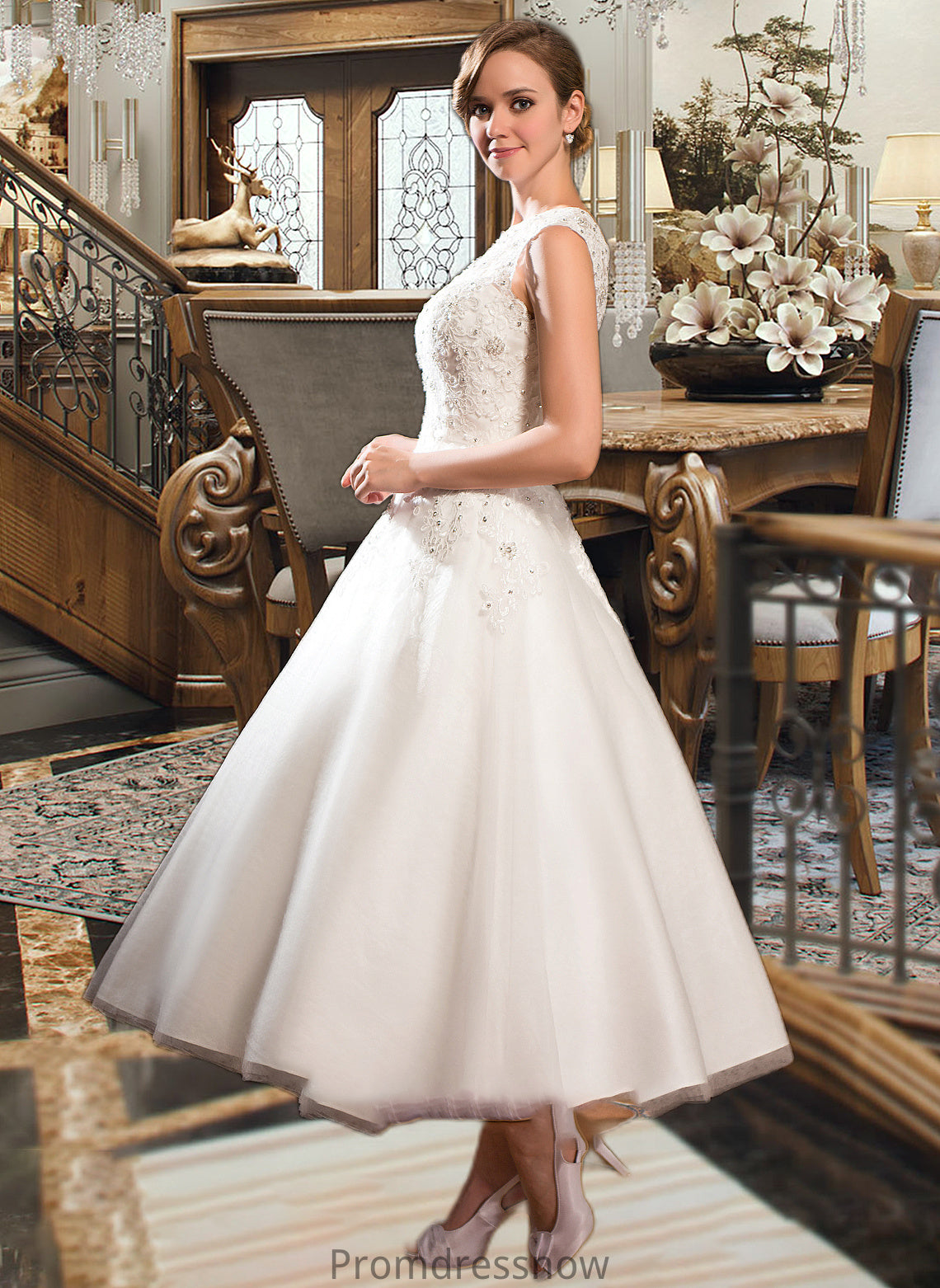 June Ball-Gown/Princess Scoop Neck Tea-Length Tulle Lace Wedding Dress With Beading Sequins HPP0013773