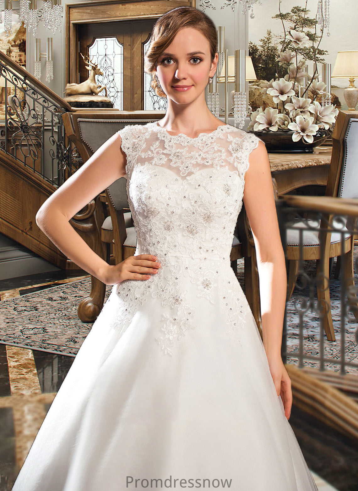 June Ball-Gown/Princess Scoop Neck Tea-Length Tulle Lace Wedding Dress With Beading Sequins HPP0013773