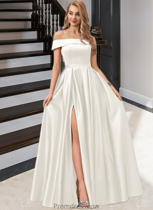 Natalia Ball-Gown/Princess Off-the-Shoulder Floor-Length Satin Wedding Dress With Split Front Pockets HPP0013774