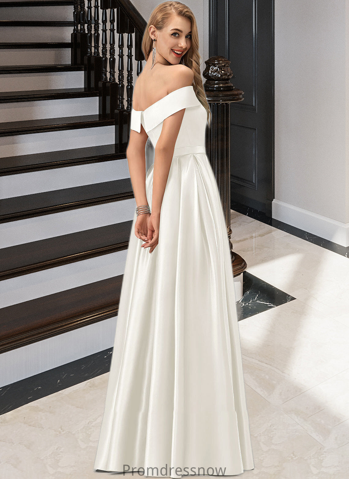 Natalia Ball-Gown/Princess Off-the-Shoulder Floor-Length Satin Wedding Dress With Split Front Pockets HPP0013774