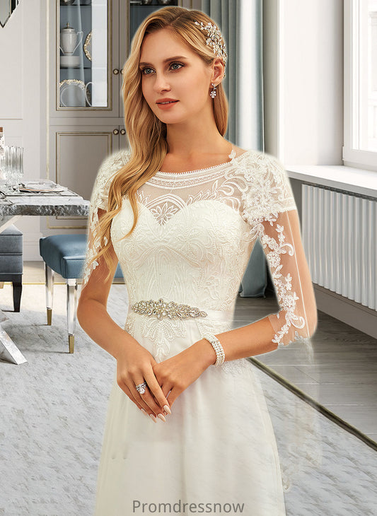 Sofia A-Line Scoop Neck Floor-Length Chiffon Lace Wedding Dress With Sequins HPP0013775