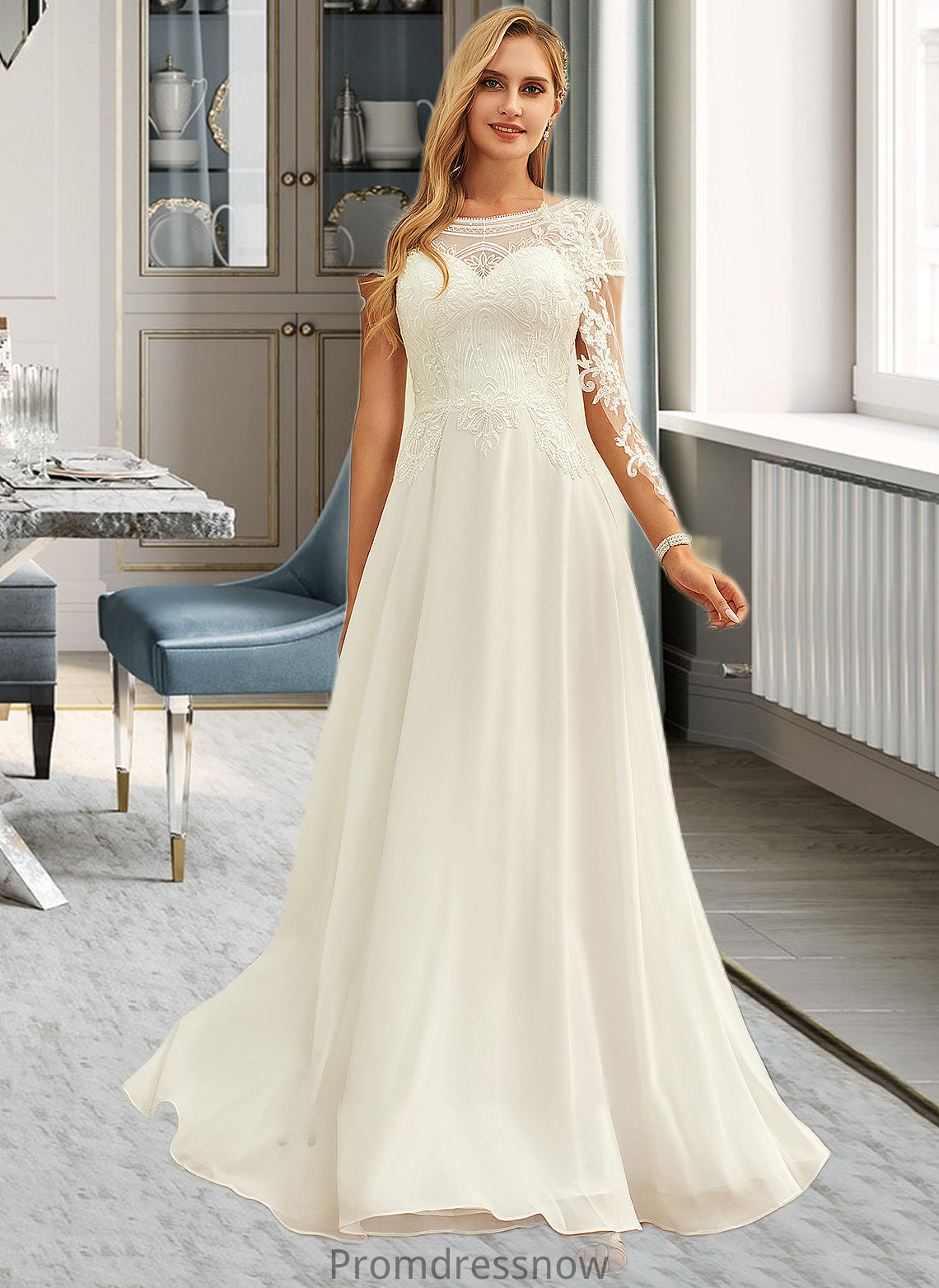 Sofia A-Line Scoop Neck Floor-Length Chiffon Lace Wedding Dress With Sequins HPP0013775