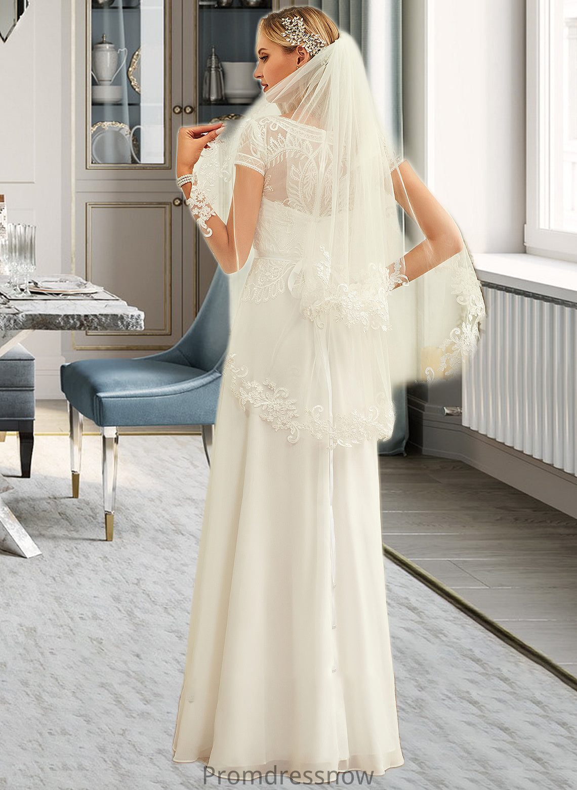 Sofia A-Line Scoop Neck Floor-Length Chiffon Lace Wedding Dress With Sequins HPP0013775