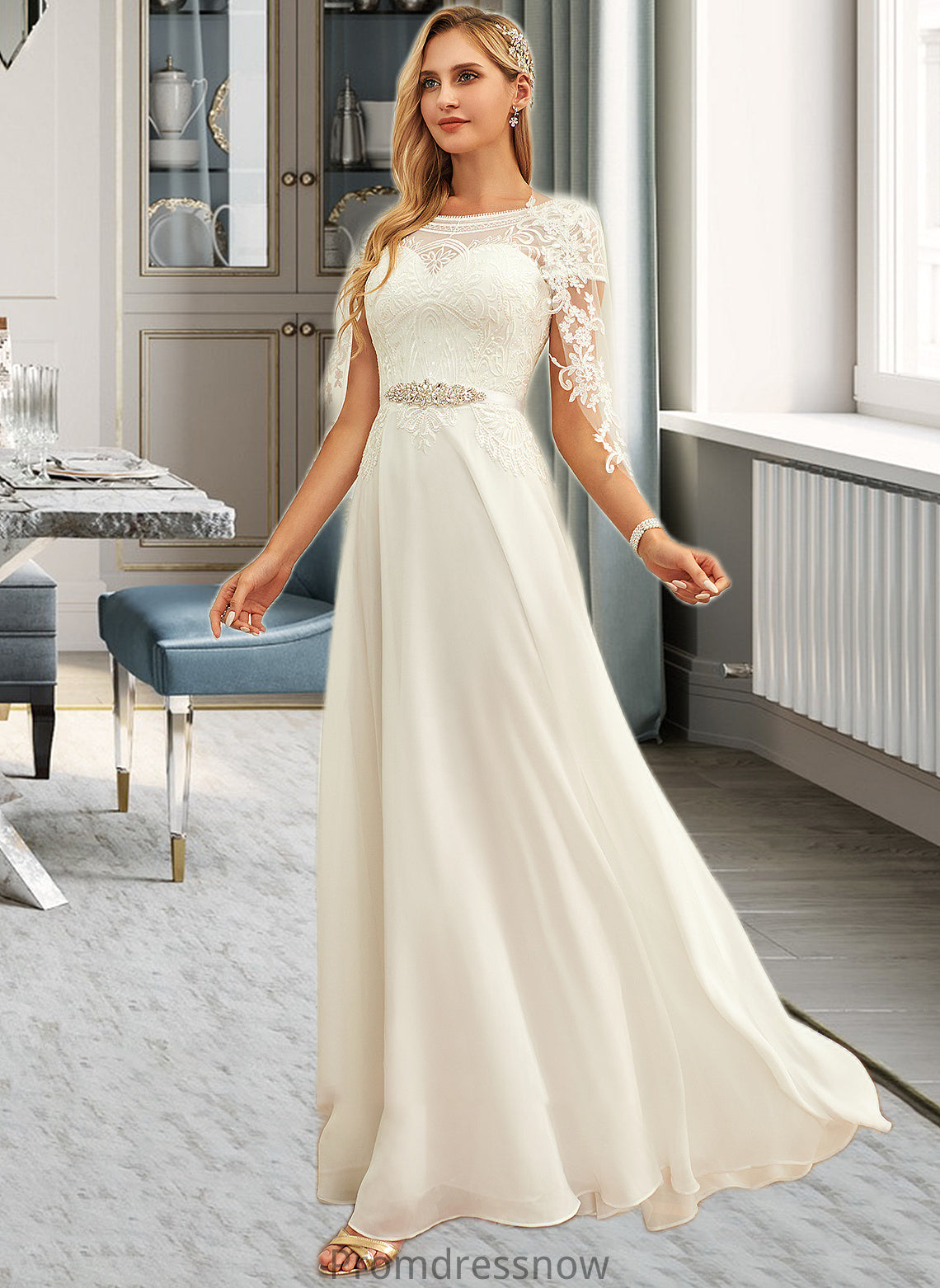 Sofia A-Line Scoop Neck Floor-Length Chiffon Lace Wedding Dress With Sequins HPP0013775