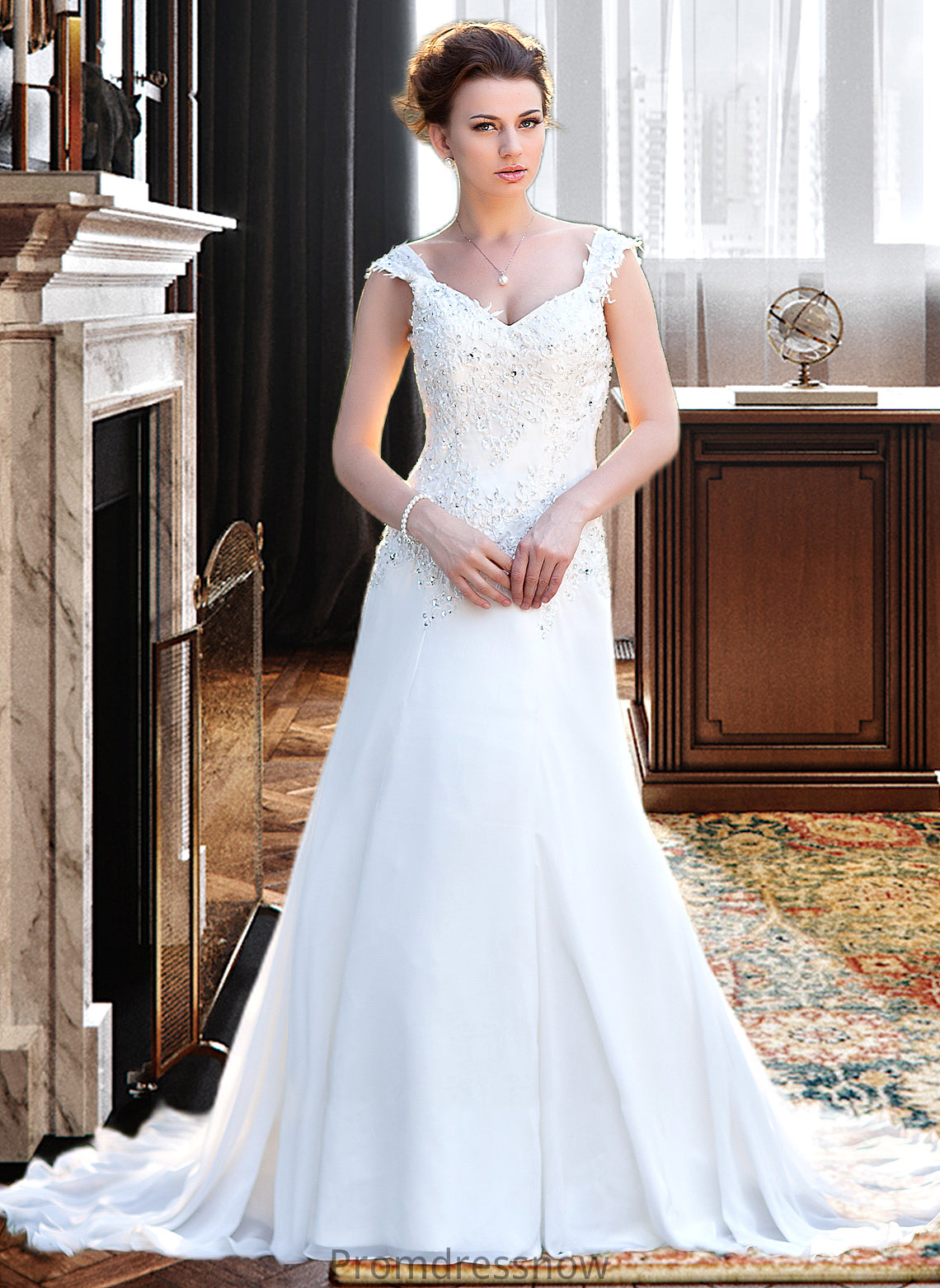 Brenda A-Line V-neck Court Train Chiffon Wedding Dress With Lace Beading Sequins HPP0013776