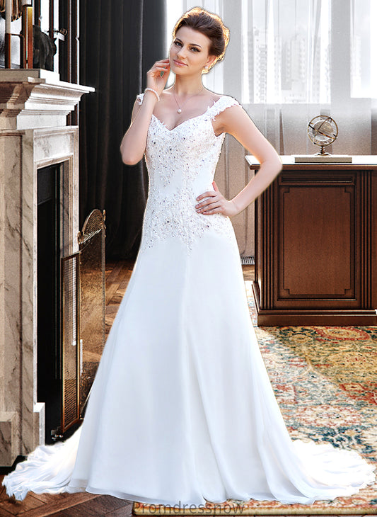 Brenda A-Line V-neck Court Train Chiffon Wedding Dress With Lace Beading Sequins HPP0013776