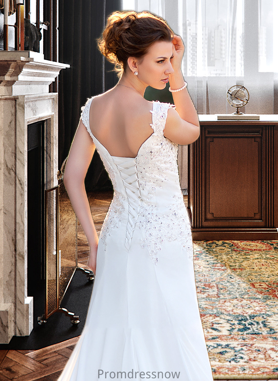 Brenda A-Line V-neck Court Train Chiffon Wedding Dress With Lace Beading Sequins HPP0013776