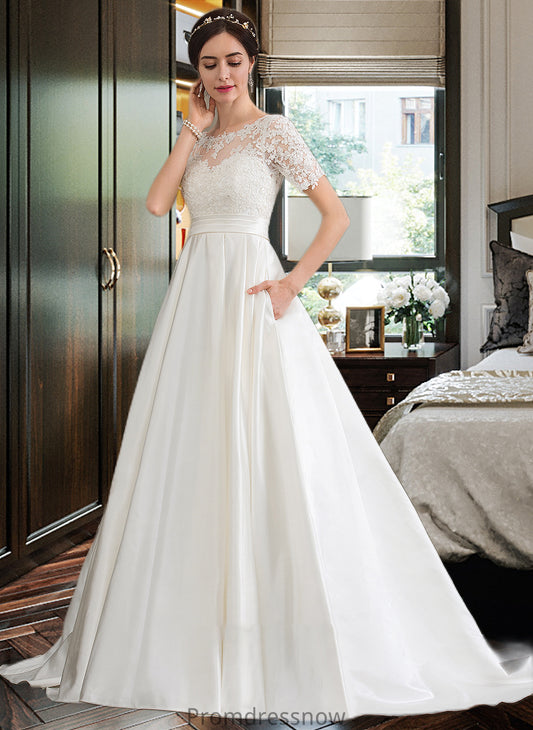 Sibyl Ball-Gown/Princess Scoop Neck Court Train Satin Wedding Dress With Beading Sequins Pockets HPP0013777