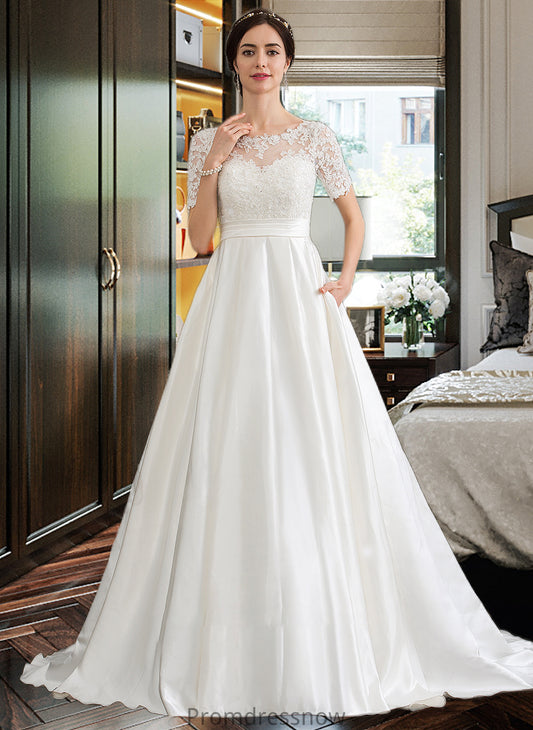 Sibyl Ball-Gown/Princess Scoop Neck Court Train Satin Wedding Dress With Beading Sequins Pockets HPP0013777