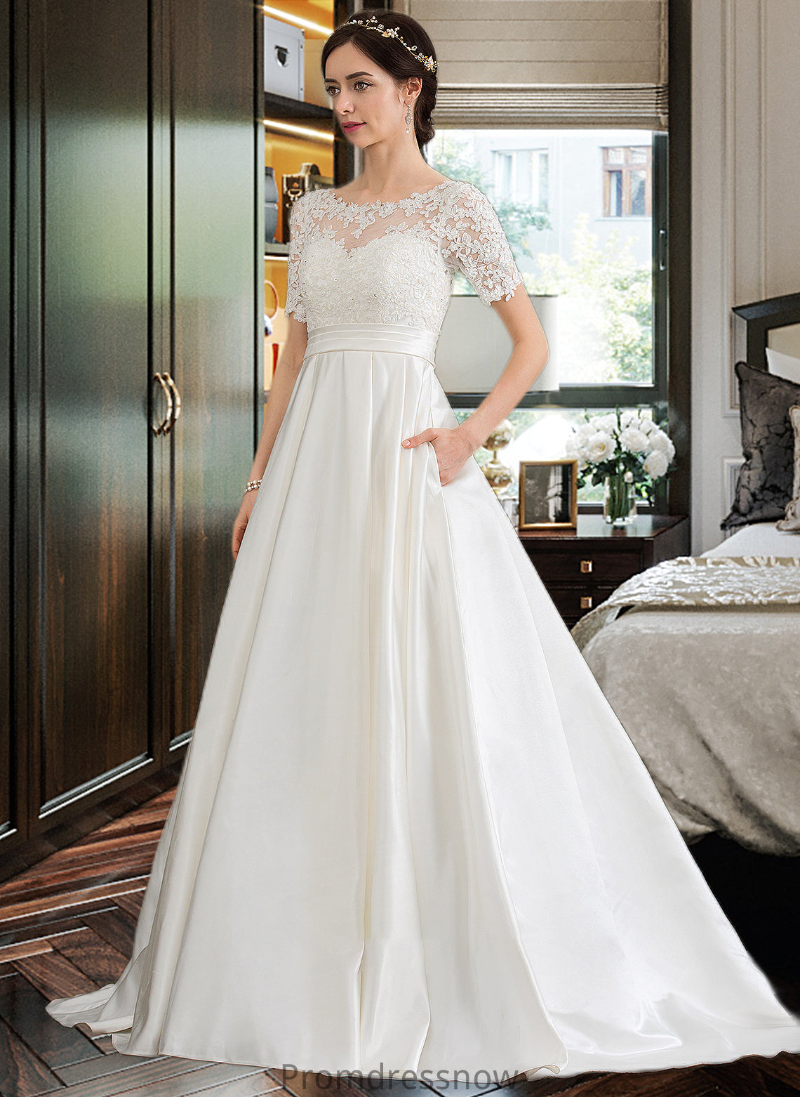 Sibyl Ball-Gown/Princess Scoop Neck Court Train Satin Wedding Dress With Beading Sequins Pockets HPP0013777