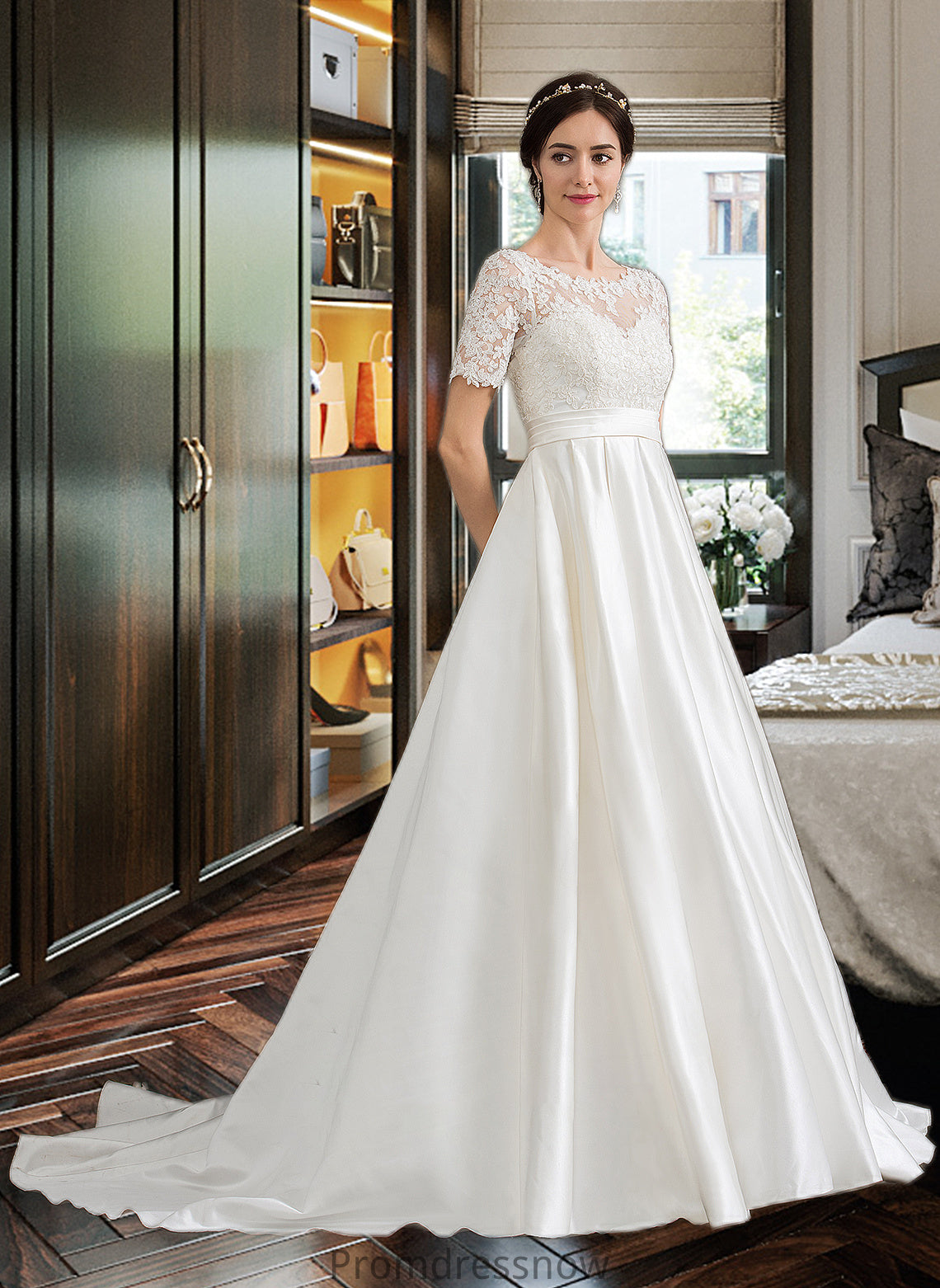 Sibyl Ball-Gown/Princess Scoop Neck Court Train Satin Wedding Dress With Beading Sequins Pockets HPP0013777