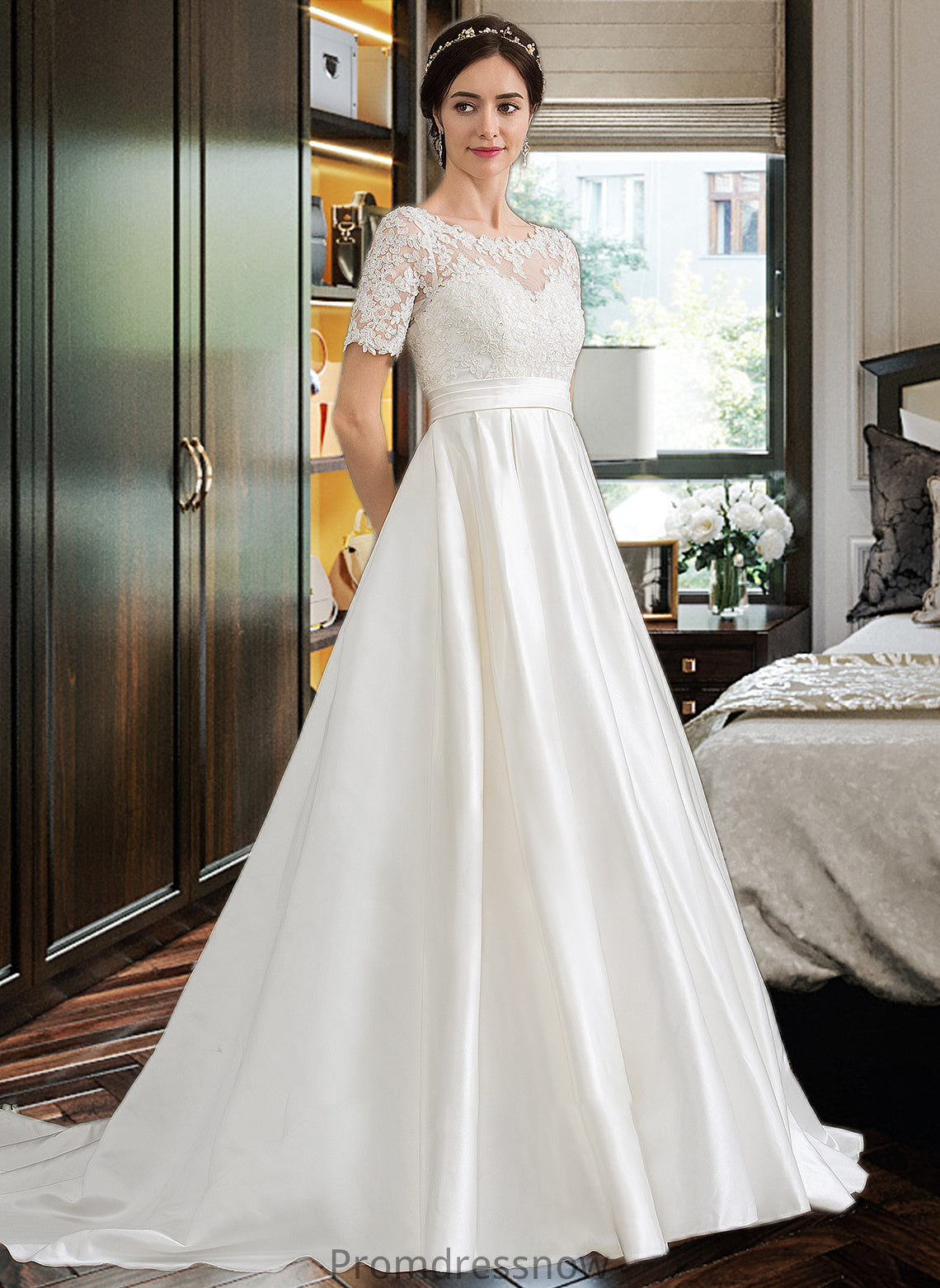 Sibyl Ball-Gown/Princess Scoop Neck Court Train Satin Wedding Dress With Beading Sequins Pockets HPP0013777