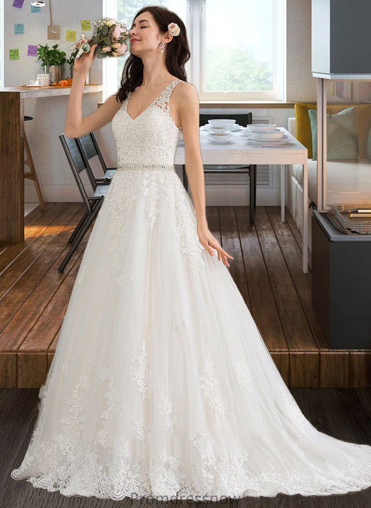 Chanel Ball-Gown/Princess V-neck Court Train Tulle Wedding Dress With Beading Sequins HPP0013779