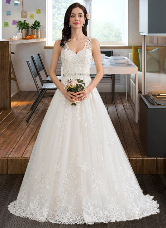 Chanel Ball-Gown/Princess V-neck Court Train Tulle Wedding Dress With Beading Sequins HPP0013779